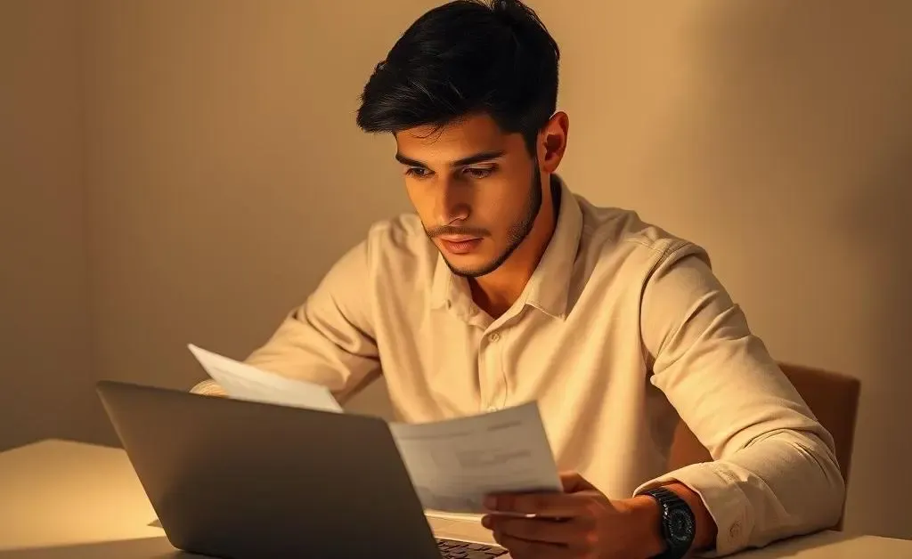 Tim sitting at a desk with a giant calculator, looking determined to figure out his monthly budget