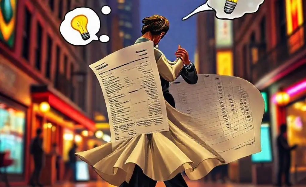 A person dancing the tango with a credit report, with a thought bubble showing a light bulb