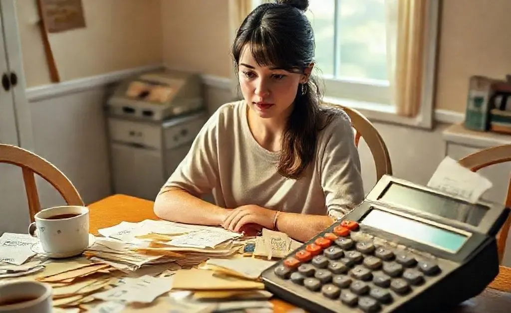 Mia sitting at a kitchen table, surrounded by bills and an oversized calculator