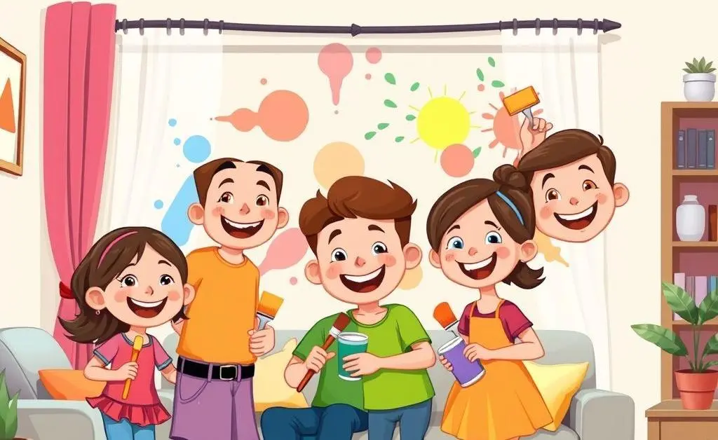 Cartoon family smiling and celebrating with a small affordable treat at home