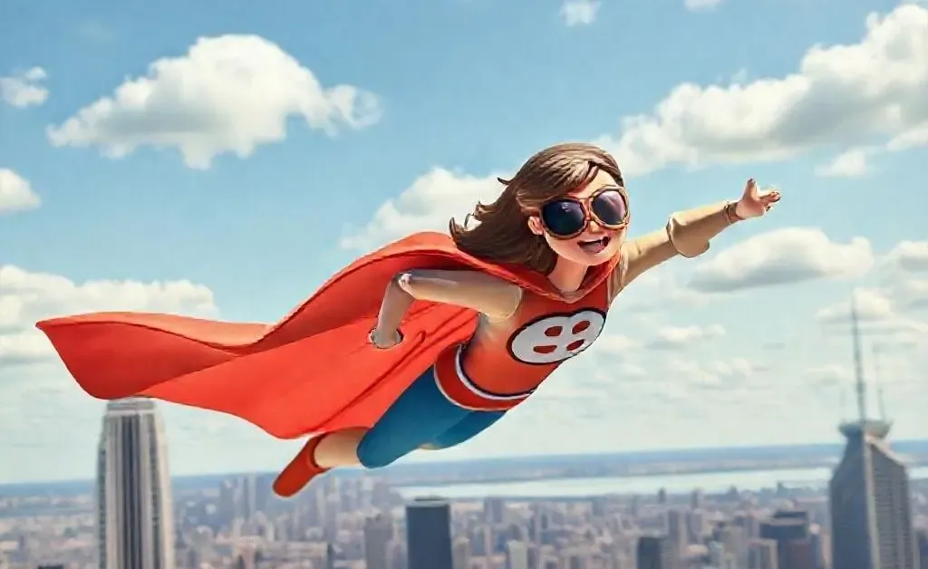 Mia and the Insurance Superhero flying over the city