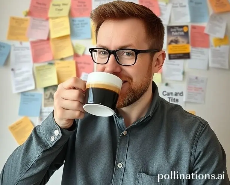 Tim happily sipping on a home-brewed coffee while a pile of money-saving tips is pinned on the wall behind him