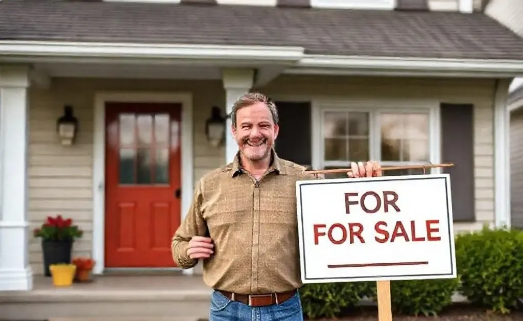 Sam standing outside his slightly improved house holding a For Sale sign with a hopeful smile
