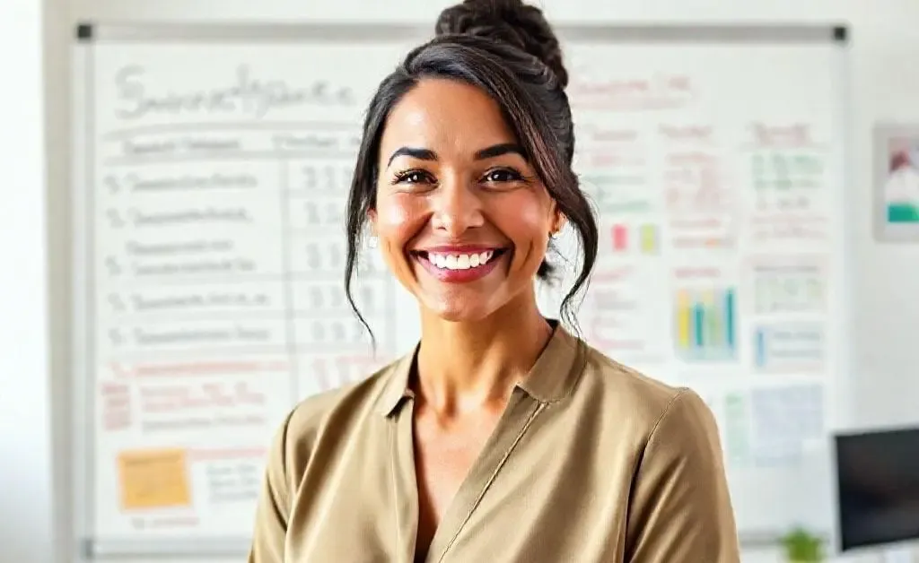 Mia smiling wisely with a budgeting plan written on a whiteboard behind her