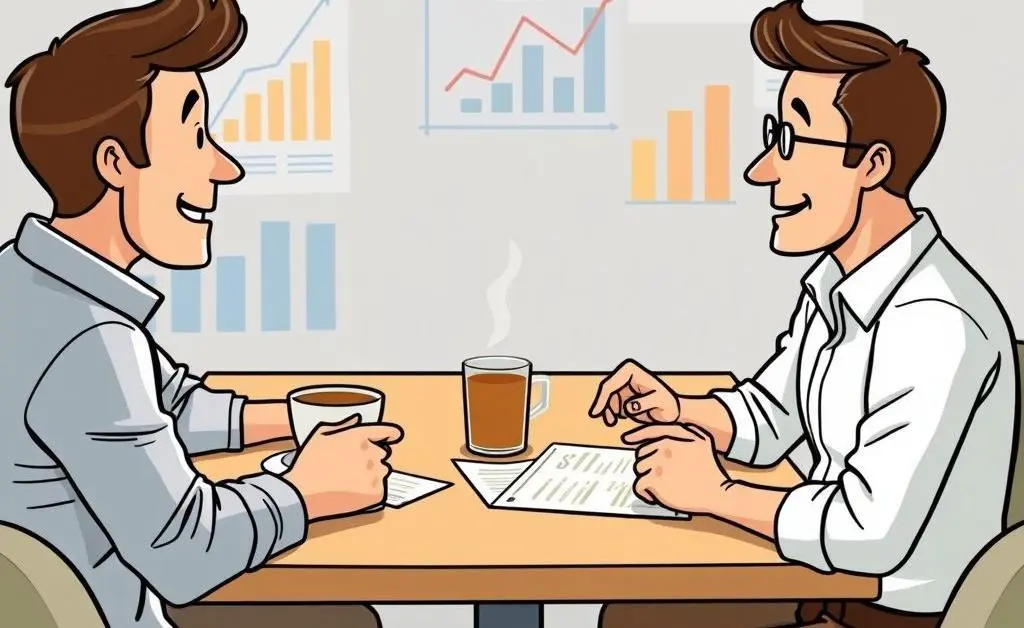 A diverse group of cartoon people engaging in an animated discussion about investments over coffee.