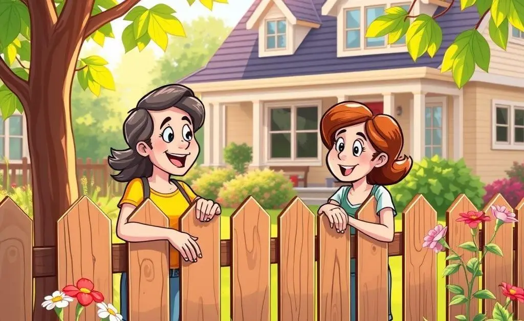 Cartoon-style image of neighbors having a friendly conversation beside a suburban driveway.