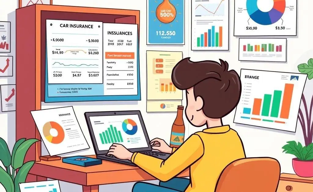 A cartoon image of someone comparing different car insurance plans on a computer screen.
