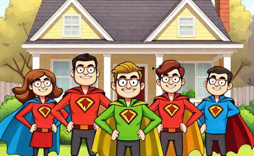 Cartoon-style image of debt collectors in superhero capes facing a house