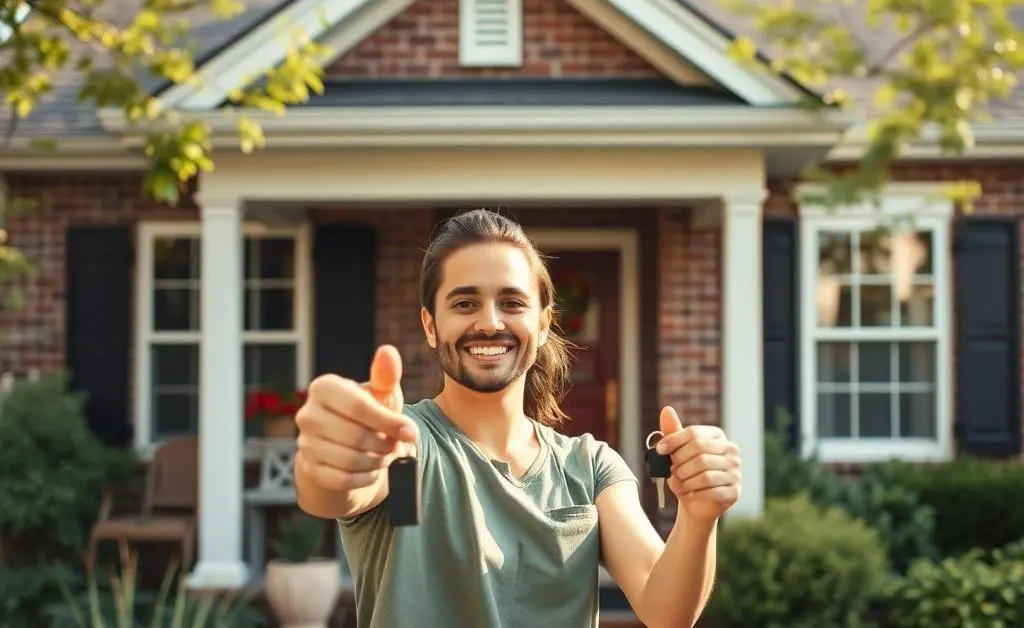 A first-time homebuyer confidently holding a set of keys in front of a new home.