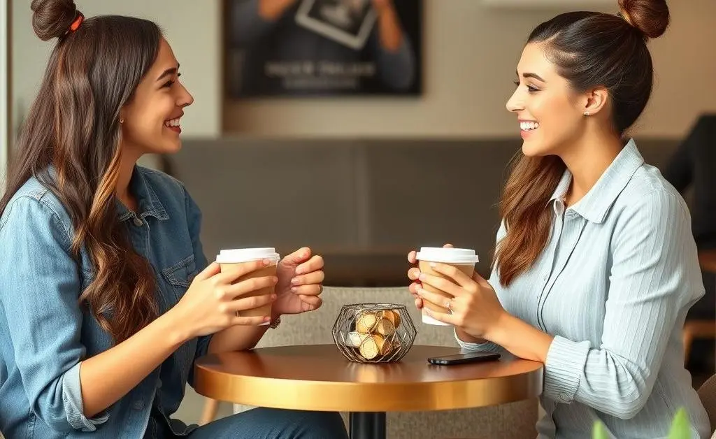 Two people having a friendly conversation about finances in a café