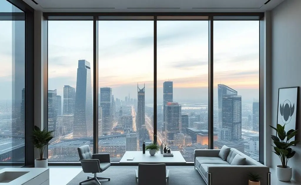 Modern corporate office with large windows overlooking a cityscape.