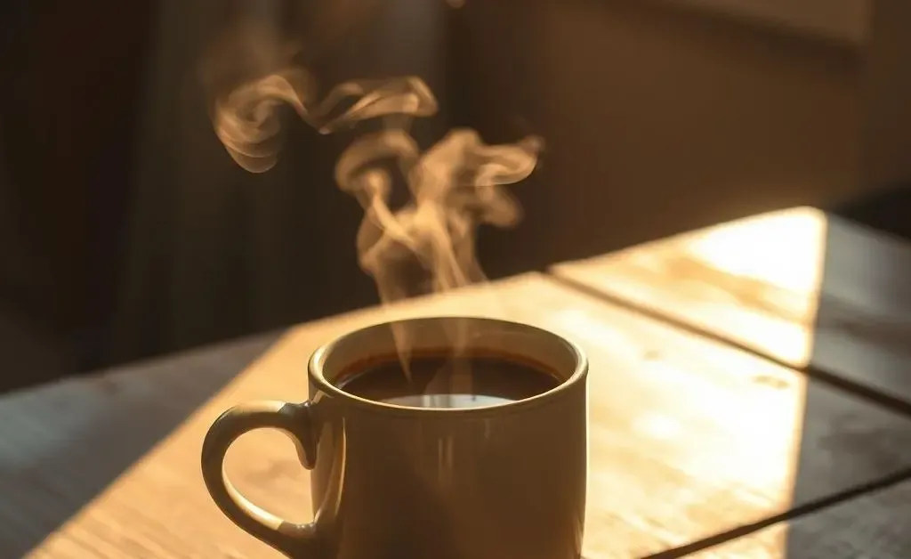 A steaming cup of coffee on a breakfast table with morning light streaming in.