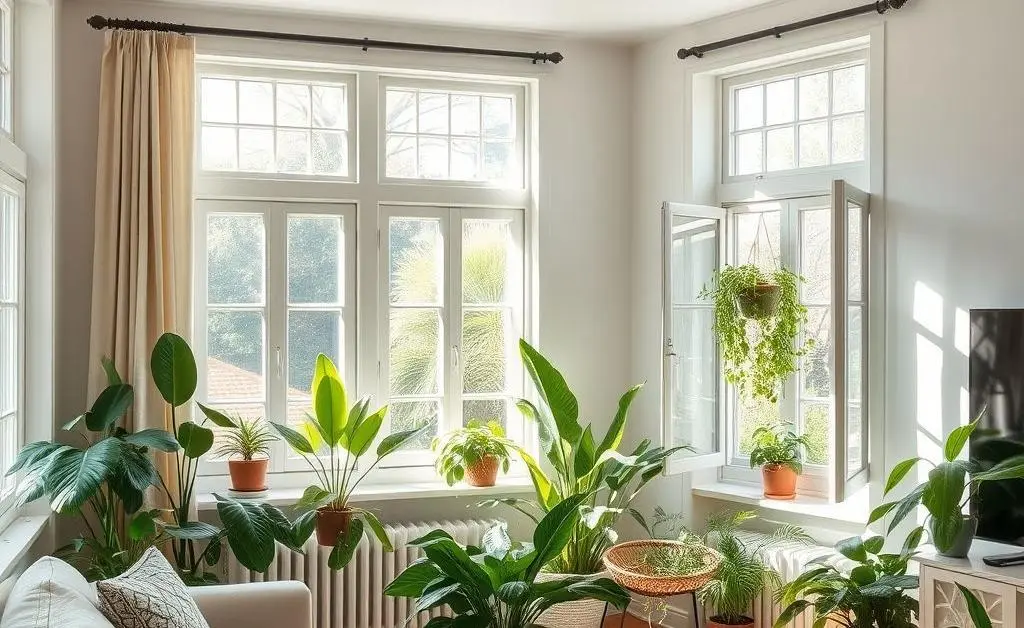 A cozy living room with plants and a view.
