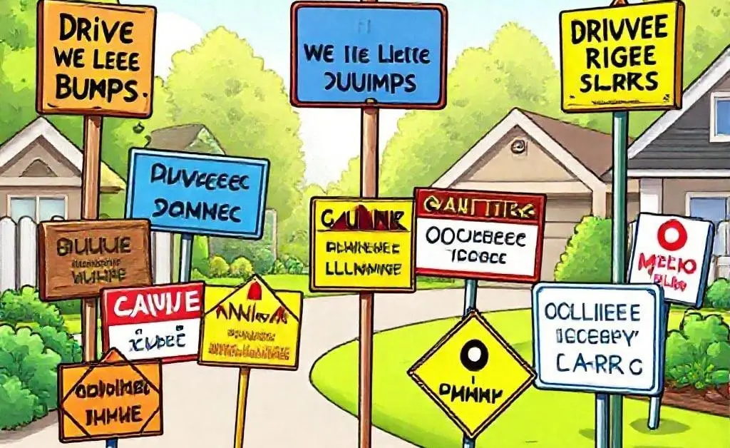 Cartoon drawing of various creative driveway signage options, including friendly and humorous signs.