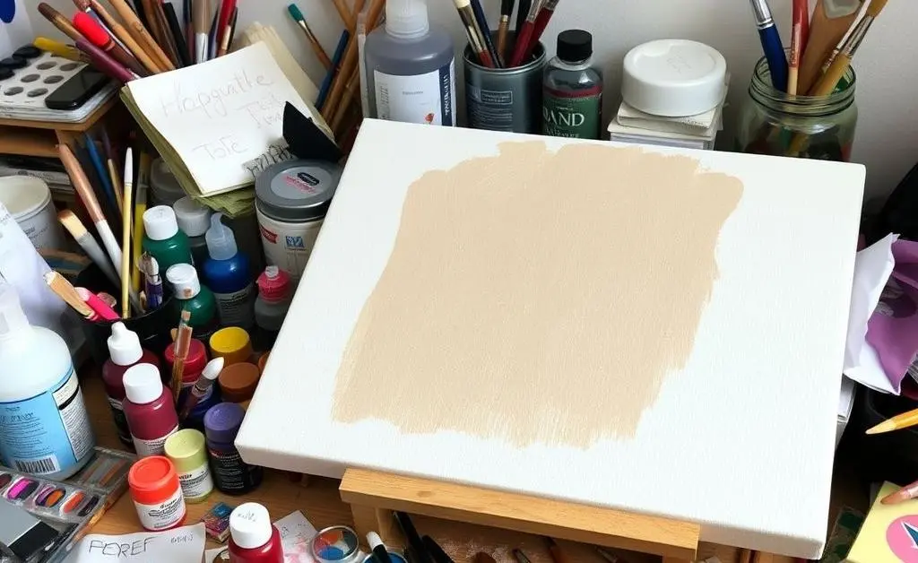A creative desk with art supplies like brushes, paint, and a sketchpad