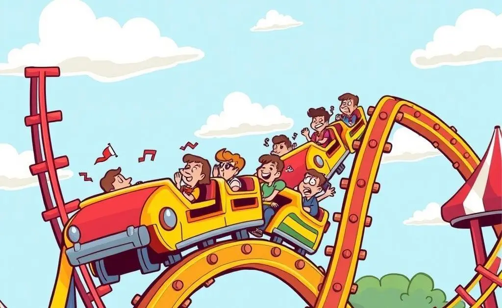 Cartoon visualizing a roller coaster with ups and downs, labeled with credit score points