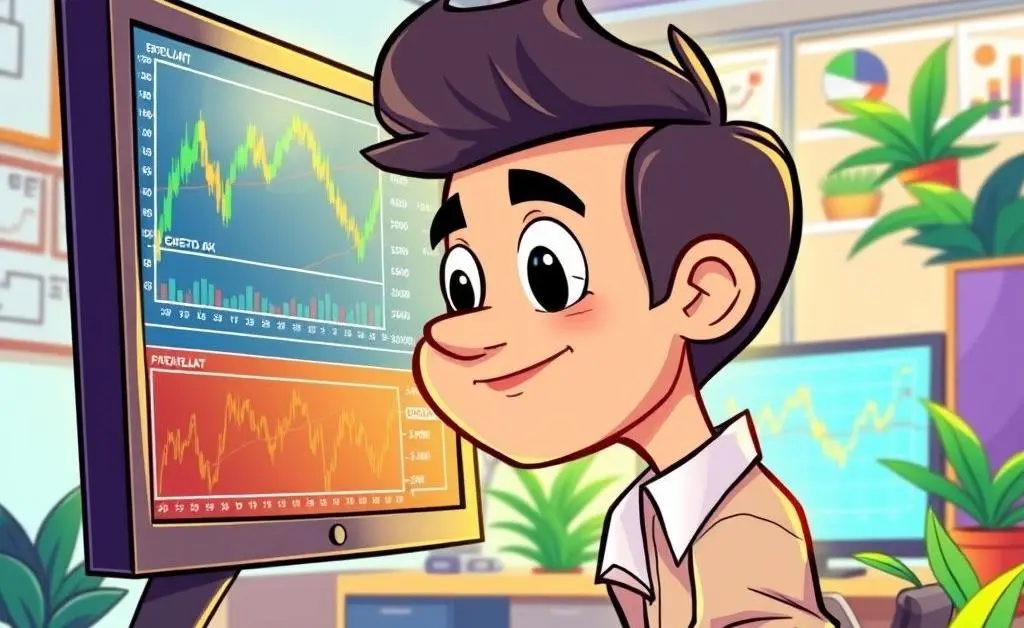 A curious, cartoon-style investor researching stablecoins on a computer