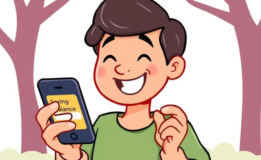 A friendly cartoon of someone tracking daily expenses on their phone in a cozy living room.