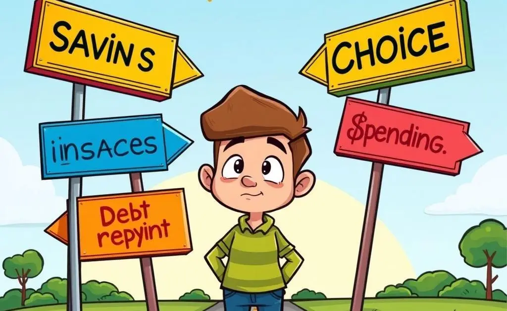 Cartoon-style image of a person at a crossroads with signs for spending, saving, and investing