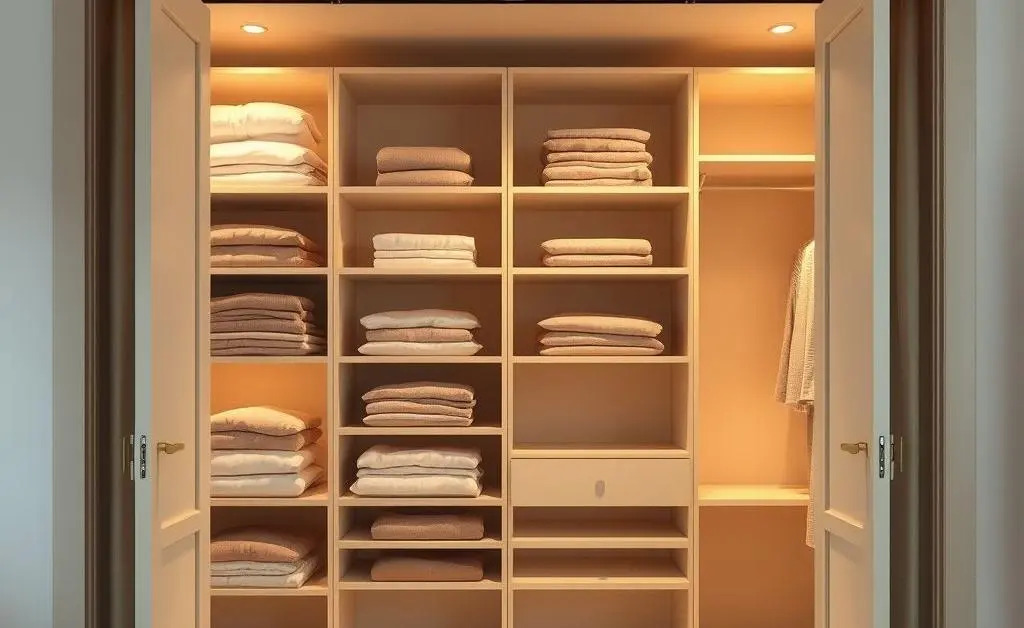 Cartoon-style image of an organized closet with neatly folded clothes and empty space.