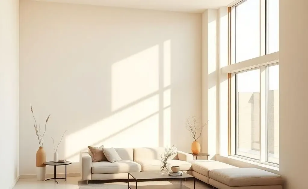 A minimalist, decluttered living room with potted plants and sunlight filtering through the window.