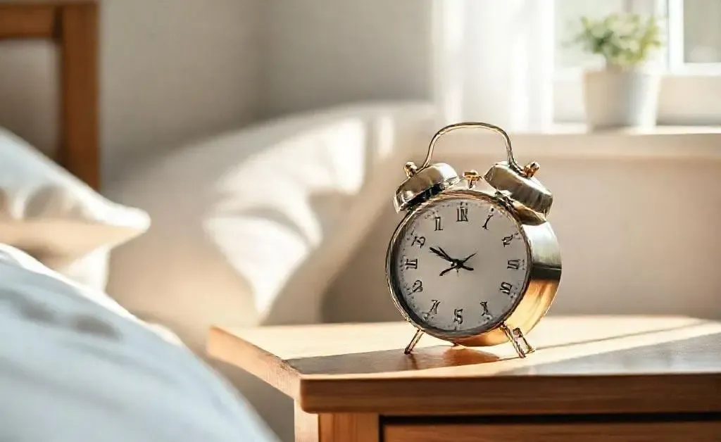 An alarm clock on a bedside table.