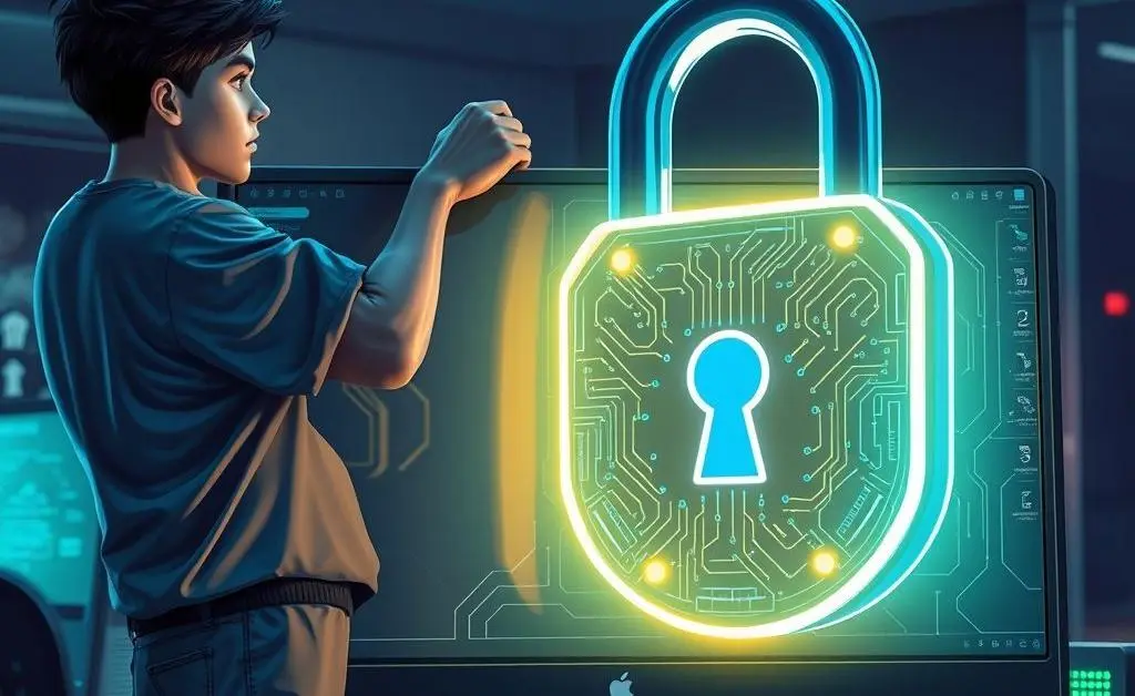 A hand placing a digital padlock on a laptop screen representing online security.
