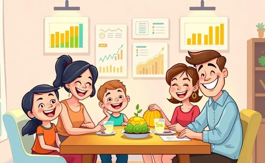 A cartoon-style family around a dinner table discussing stablecoins over dinner