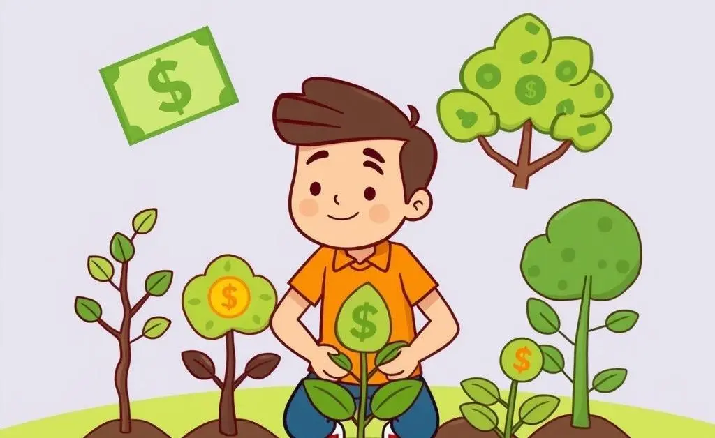 Diverse people planting money trees in a garden