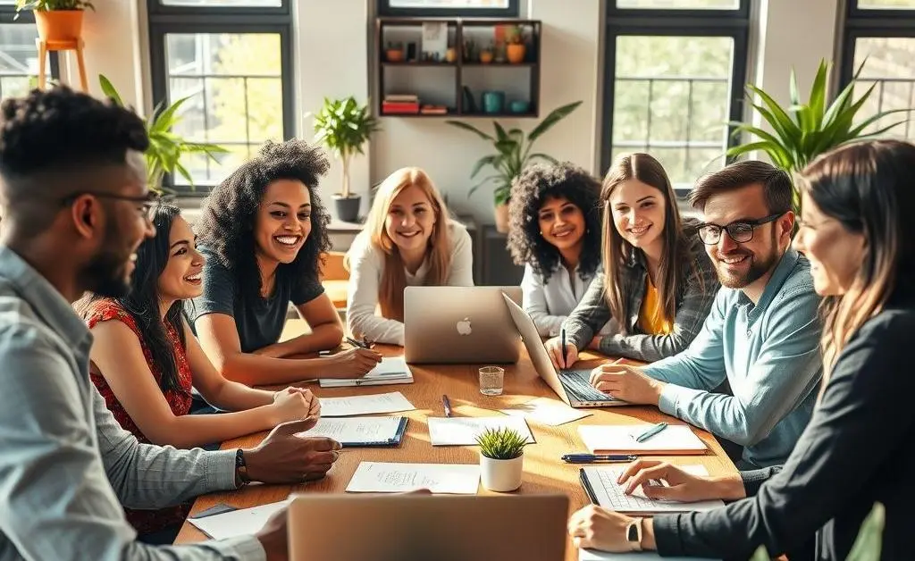 People discussing finance happily around a table