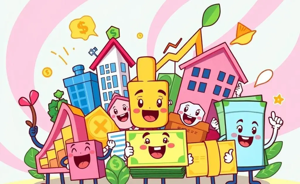 A cartoon-style illustration showing a diverse investment portfolio including stocks, bonds, and real estate