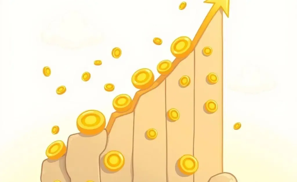 Person celebrating financial growth with coins and chart.