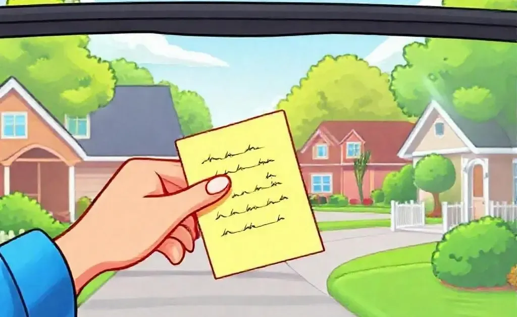 A cartoon image showing a folded note being placed under a car windshield wiper in a driveway.