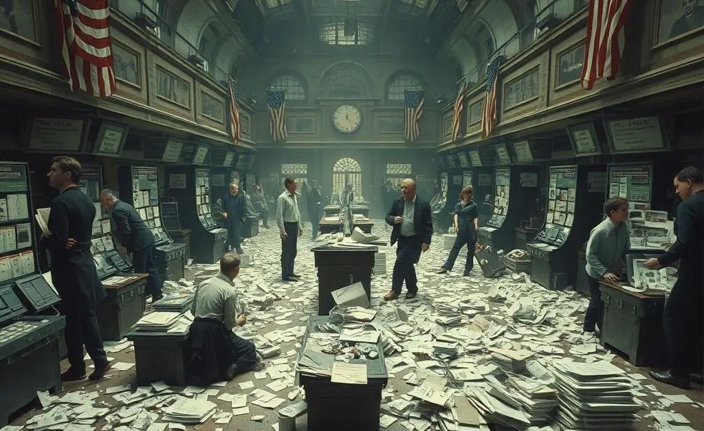 A chaotic stock market floor with traders yelling and papers flying everywhere.
