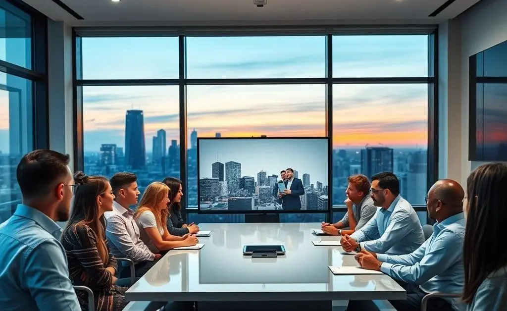 Group of people discussing economic indicators in a modern meeting room.
