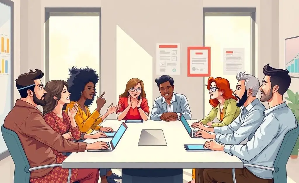 A person facilitating communication with colleagues around a conference table.