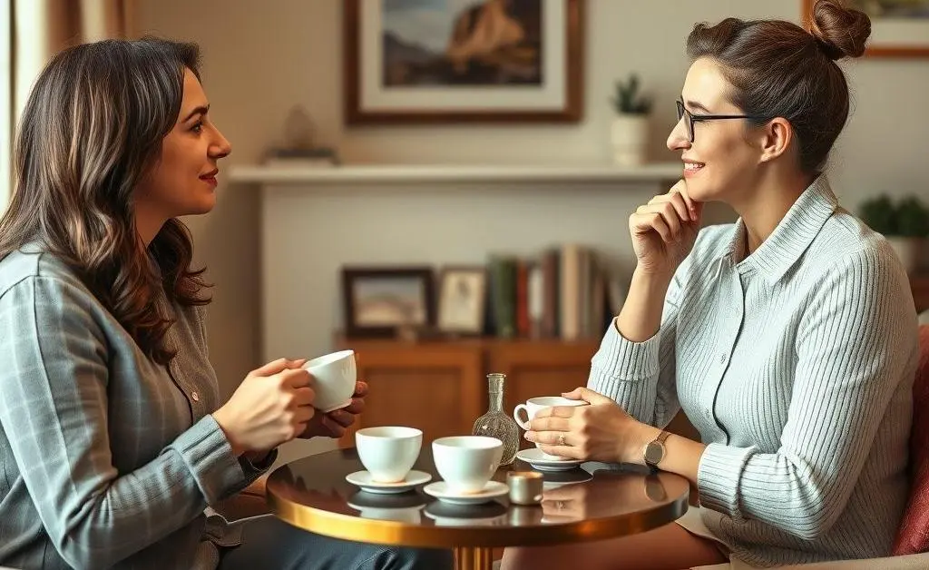 Two people having a warm conversation about finances in a cozy room.