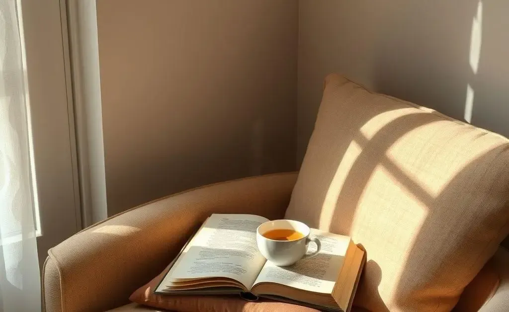 A comfortable home corner with soft lighting and a book for evening relaxation.