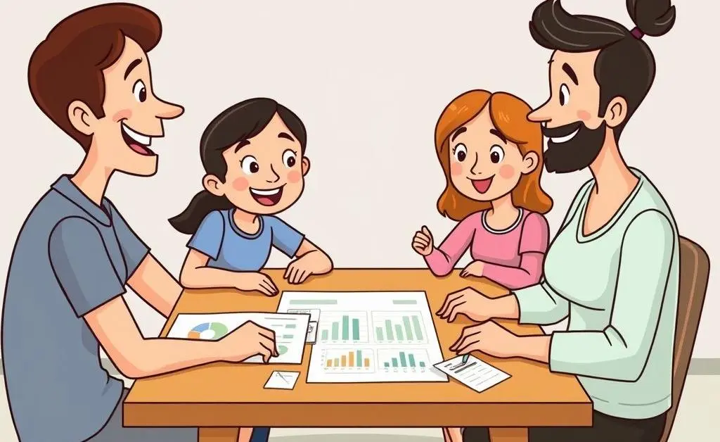 Family sitting around table with budget plan and colorful pie charts
