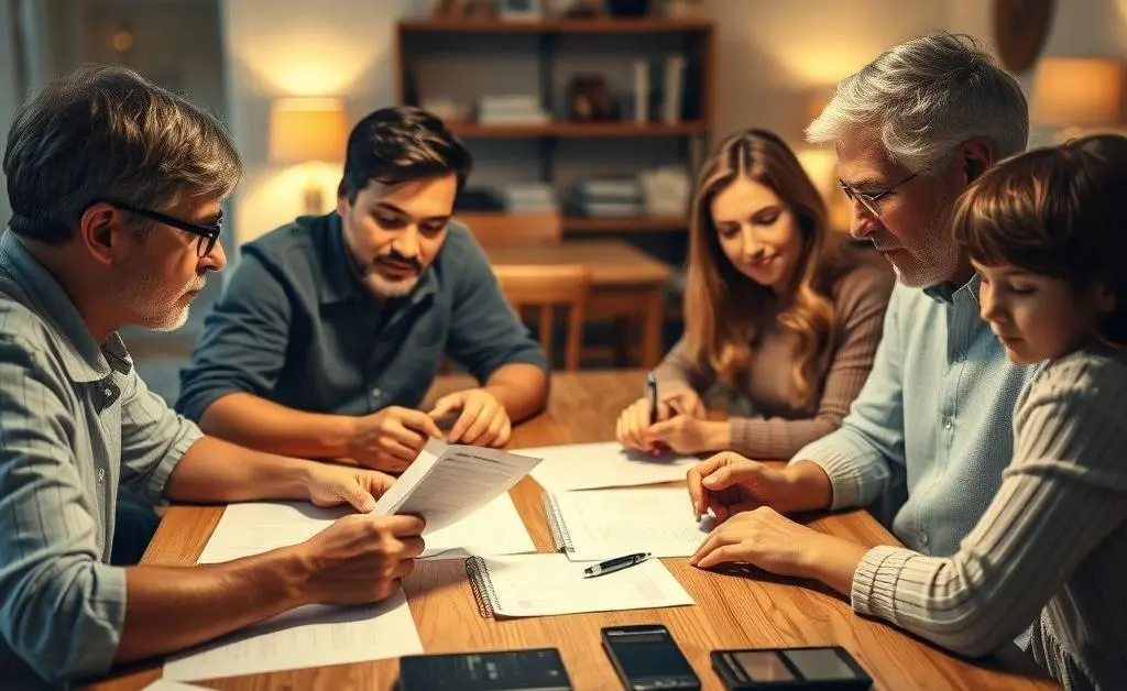 Family discussing financial plans at a table.