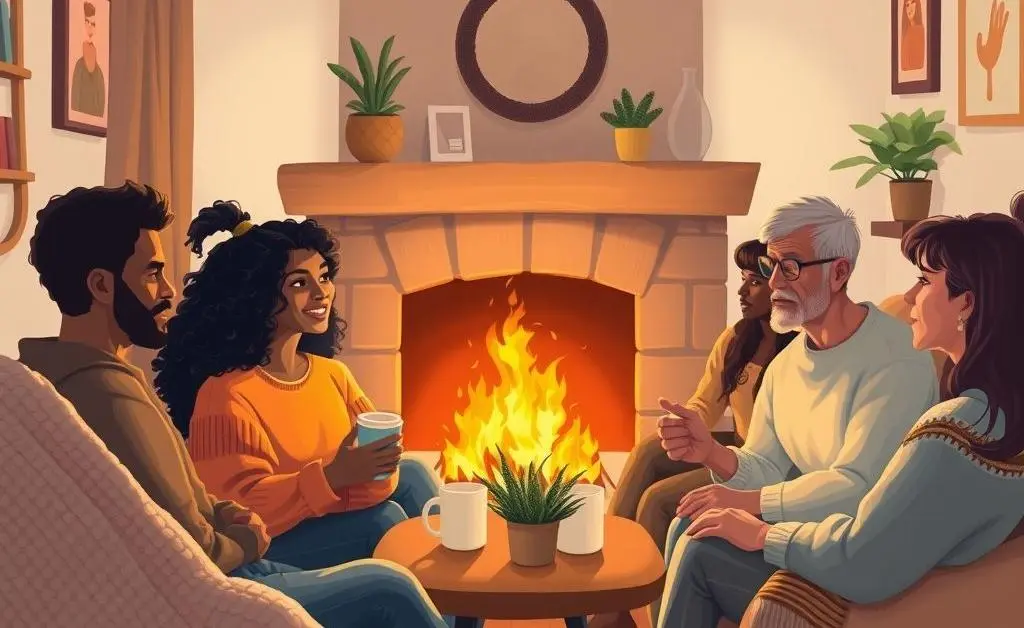 An older couple with family members in a cozy living room