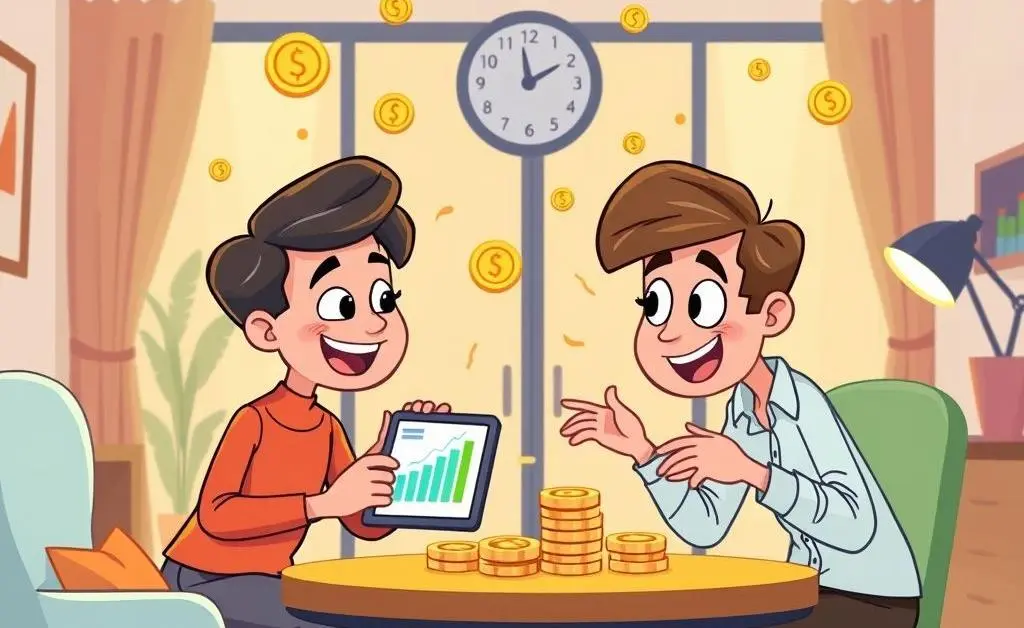 Two characters having a conversation about financial advice.