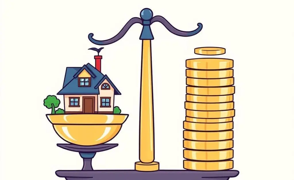 An illustrated balance scale with money on one side and a house on the other, cartoon-style.