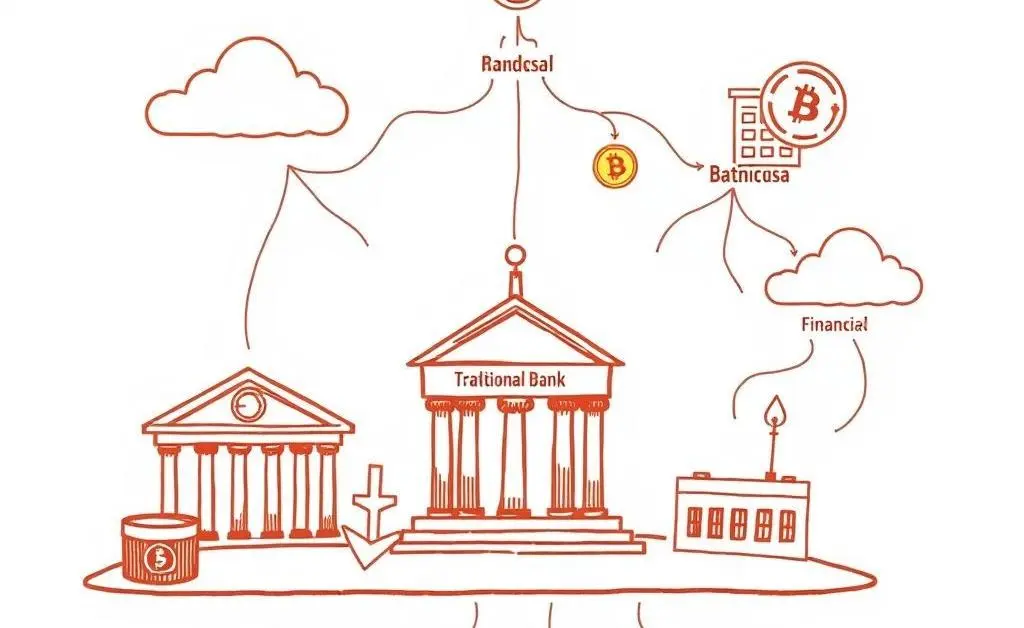 Hand-drawn visualization of a financial ecosystem with traditional banks and digital currencies