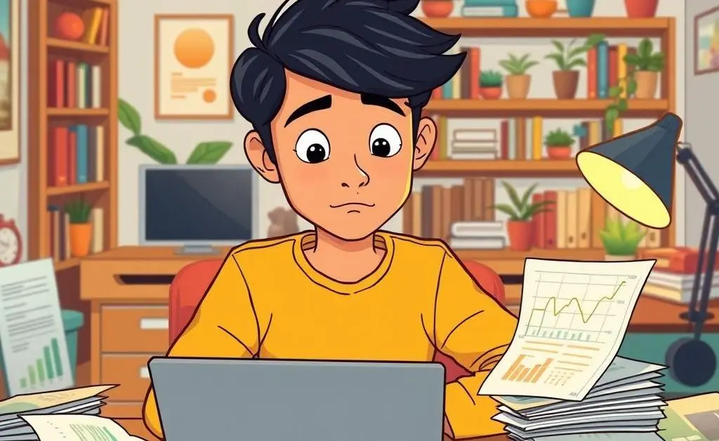 A cartoon-style drawing of a person sitting calmly at a desk, balancing investment decisions with ease and clarity.