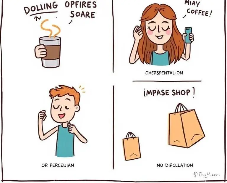 Comic-style drawing depicting common financial mistakes like overspending on coffee and impulse shopping