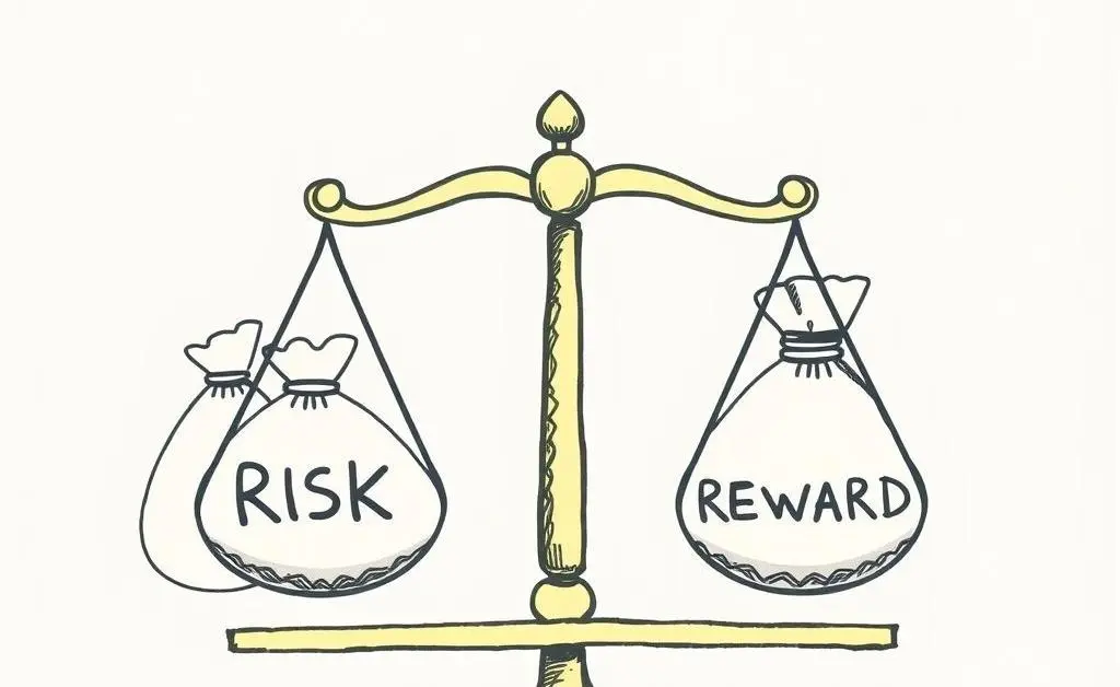Balance scale with money stacks and risk factors.