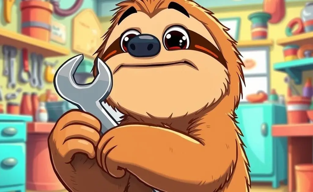 A cartoon man happily holding a wrench, standing in front of a broken sink