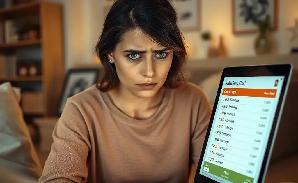 A woman staring at her overflowing online shopping cart