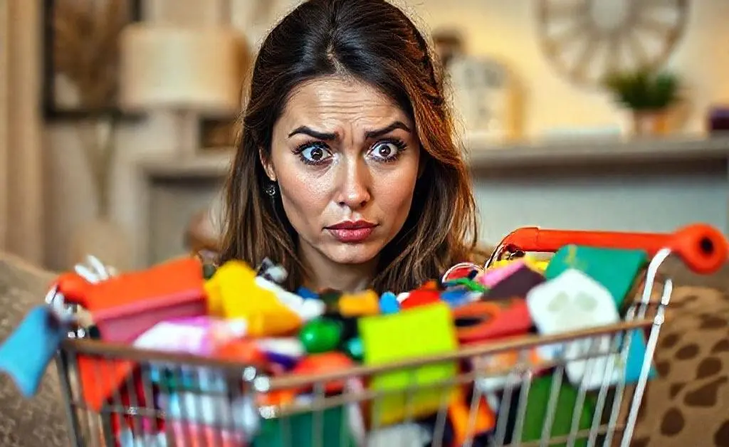 A woman staring at her overflowing online shopping cart